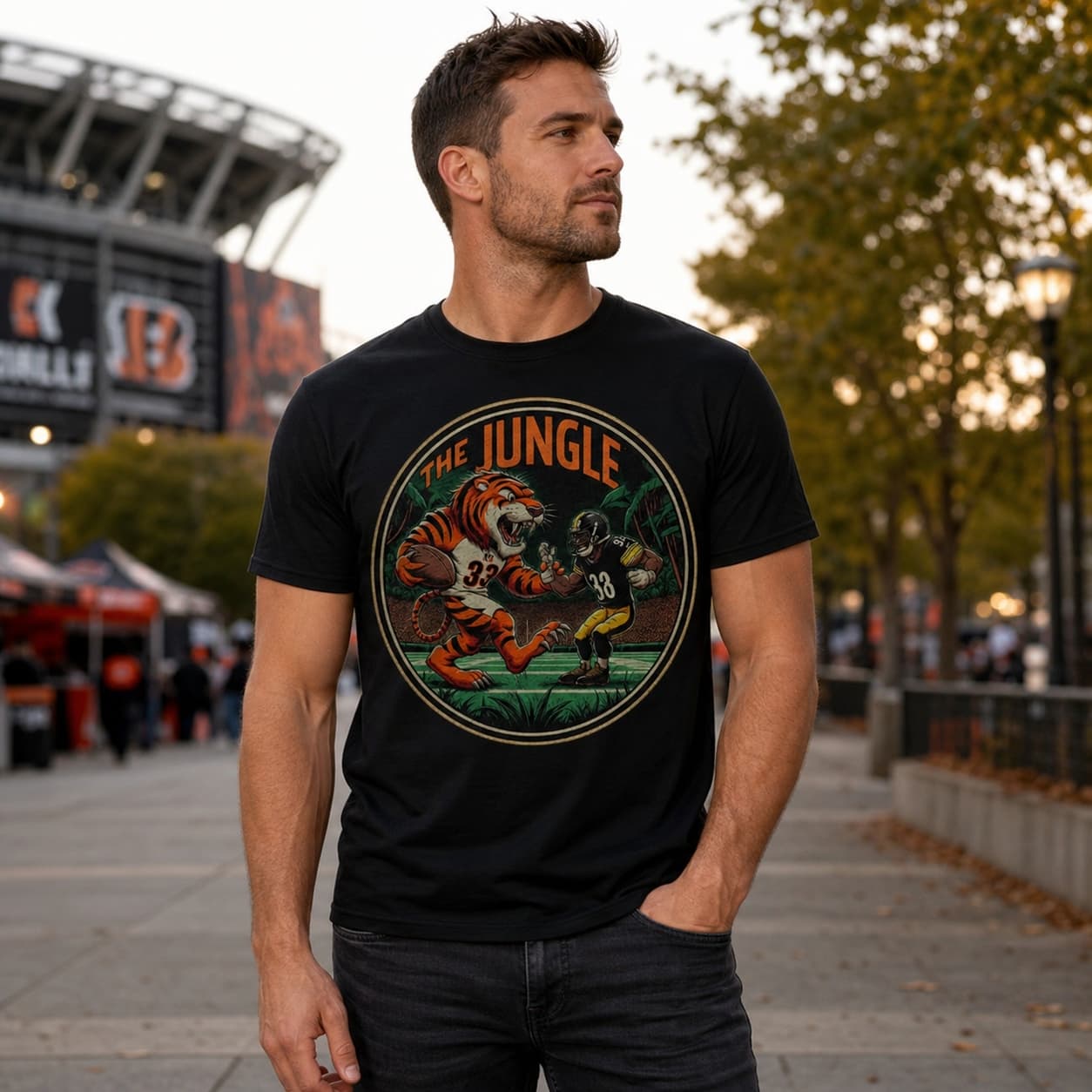 Cincinnati Bengals vs. Pittsburgh Steelers Vintage Retro Rivalry The Jungle Football Mascot Artwork Shirt