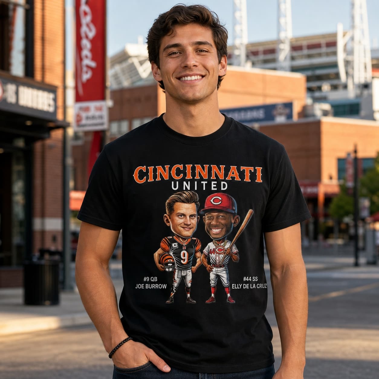 Cincinnati Reds Bengals United Exclusive Joe Burrow & Elly De La Cruz Retro Football Baseball Artwork Shirt