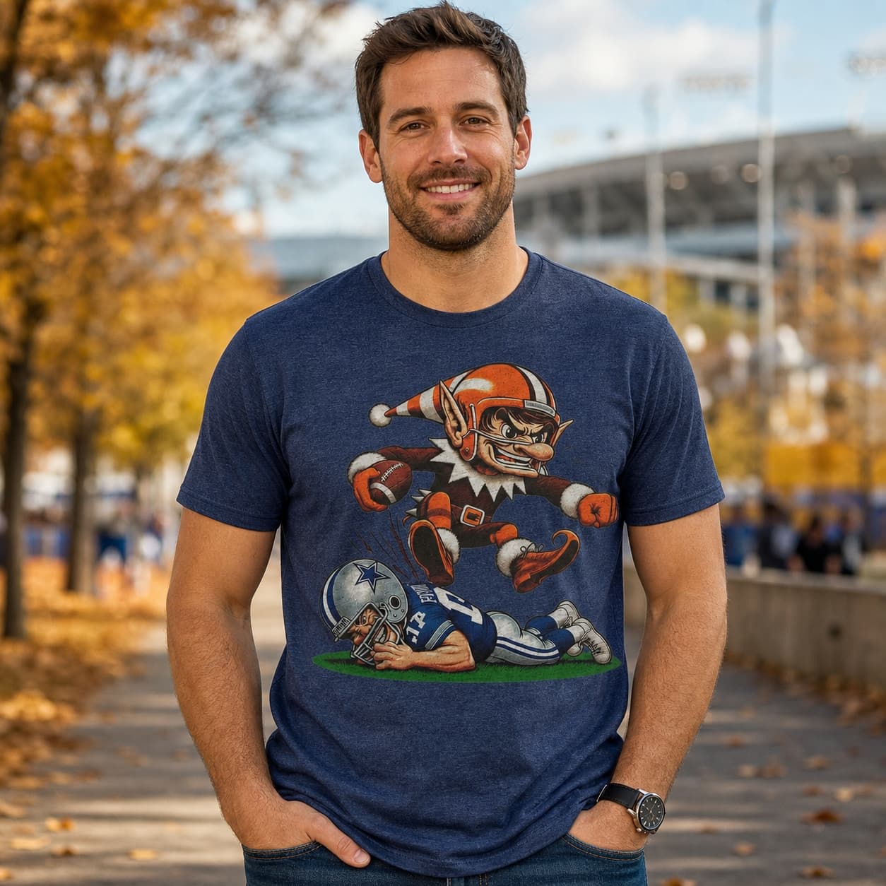 Cleveland Browns vs. Dallas Cowboys Retro Rivalry Football Elfie Jump Artwork Shirt
