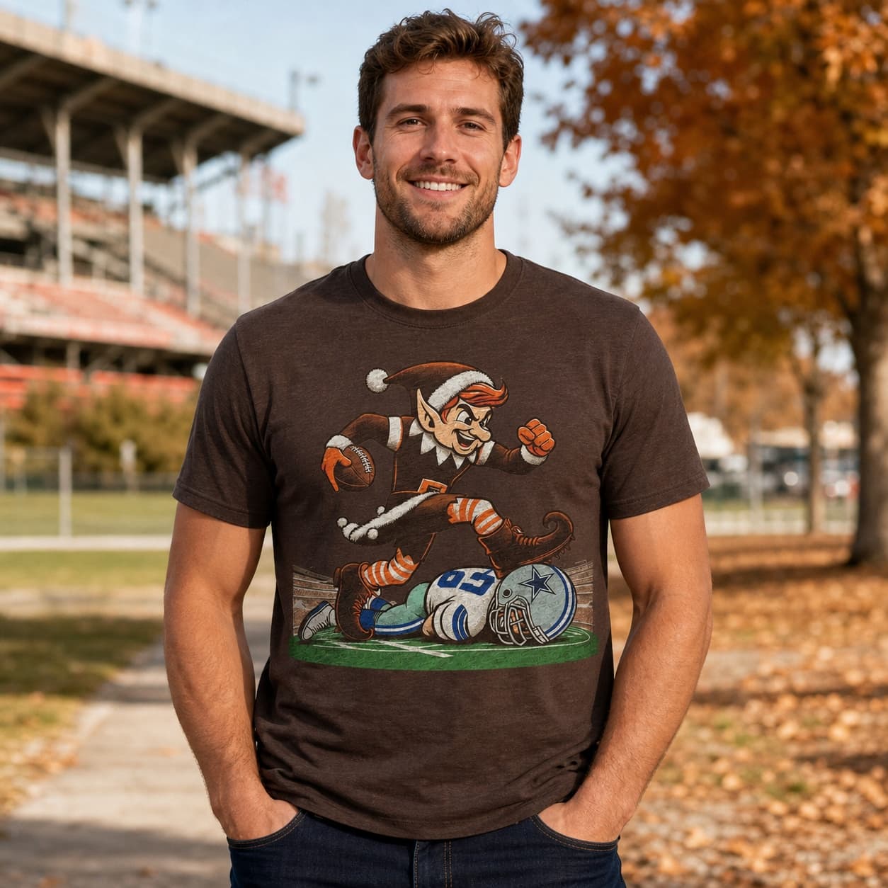 Cleveland Browns vs. Dallas Cowboys Retro Rivalry Football Elfie Stomp Artwork Shirt