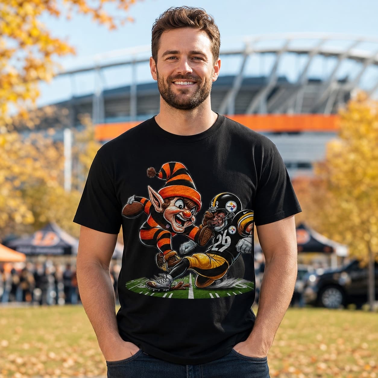 Cleveland Browns vs. Pittsburgh Steelers Exclusive Retro Rivalries Football Brownie Stiff Arm Artwork Shirt