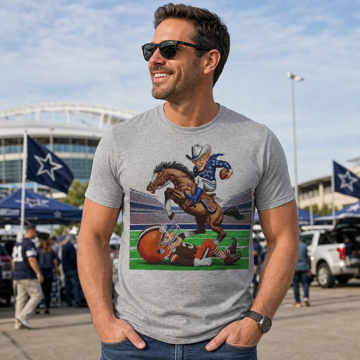 Dallas Cowboys vs. Cleveland Browns Retro Rivalry Football Mascot Hurdle Artwork Shirt