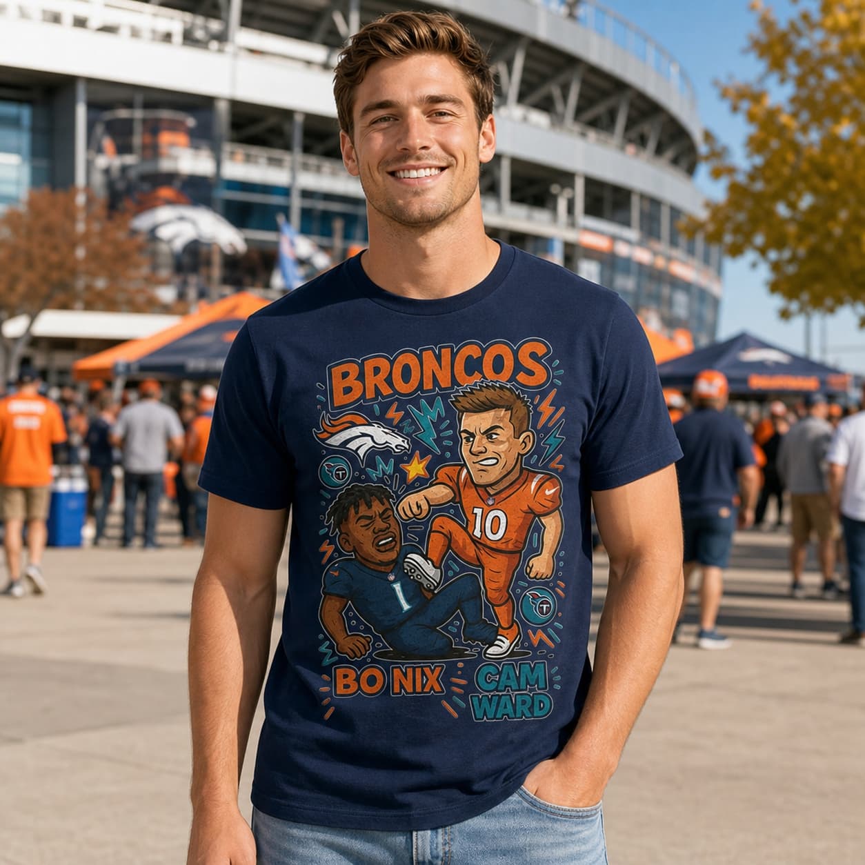 Denver Broncos Bo Nix vs. Tennessee Titans Cam Ward Exclusive Retro Rivals Football Artwork Shirt