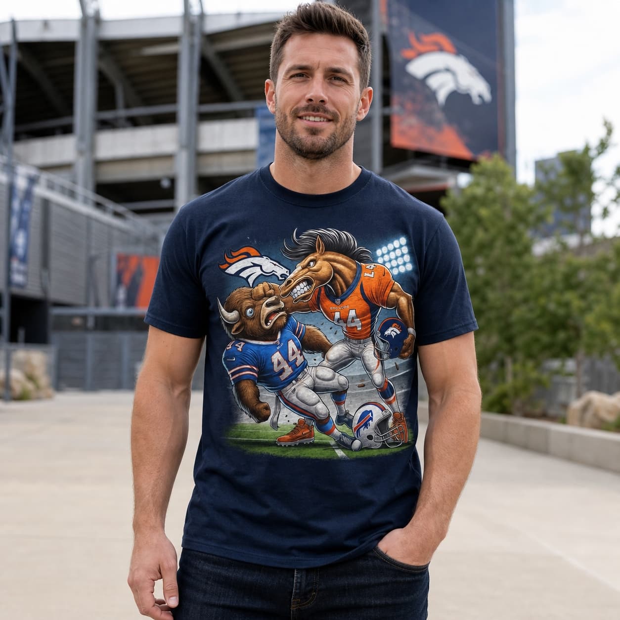 Denver Broncos vs. Buffalo Bills Exclusive Retro Rivalries Football Punch Artwork Shirt