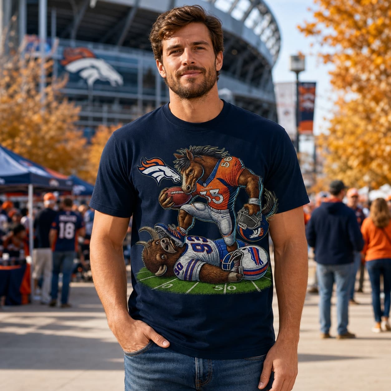 Denver Broncos vs. Buffalo Bills Exclusive Retro Rivalries Football Stomp Artwork Shirt