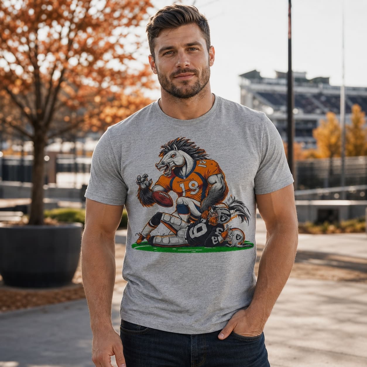 Denver Broncos vs. Las Vegas Raiders Retro Rivalry Football Mascot Artwork Tee – New To Store