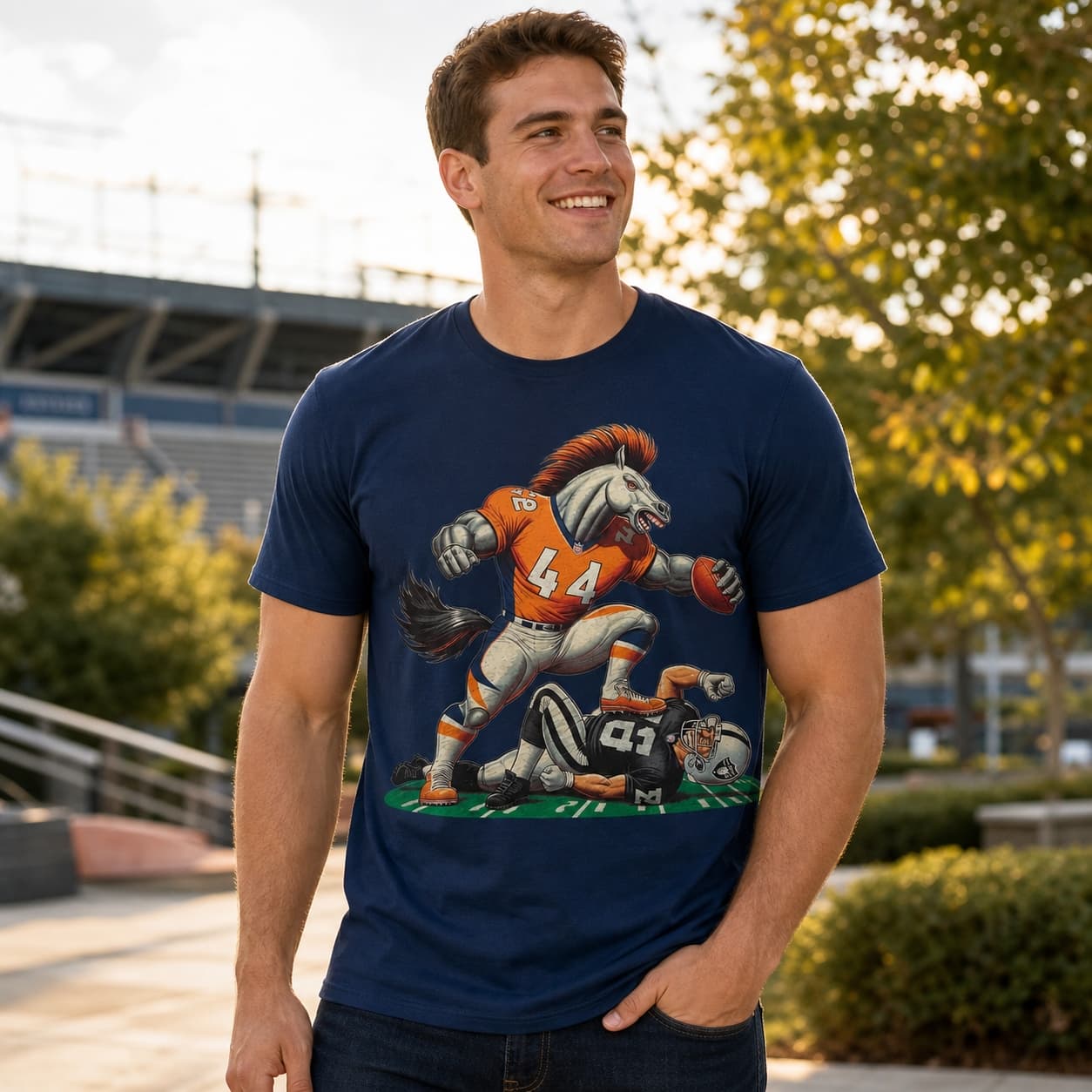 Denver Broncos vs. Oakland Raiders Retro Rivalry Football Mascot Artwork Shirt