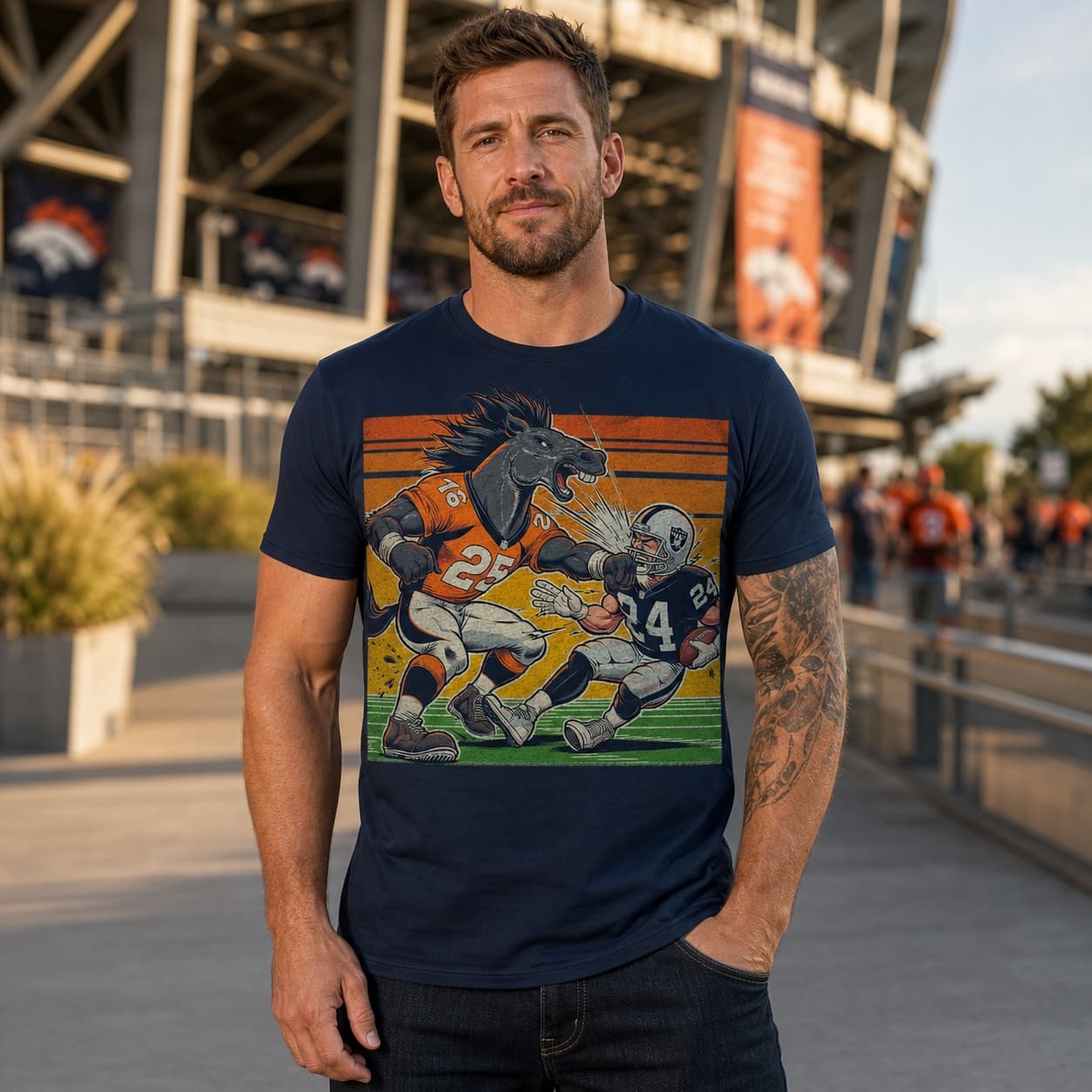 Denver Broncos vs. Oakland Raiders Retro Rivalry Football Mascot Artwork Tee
