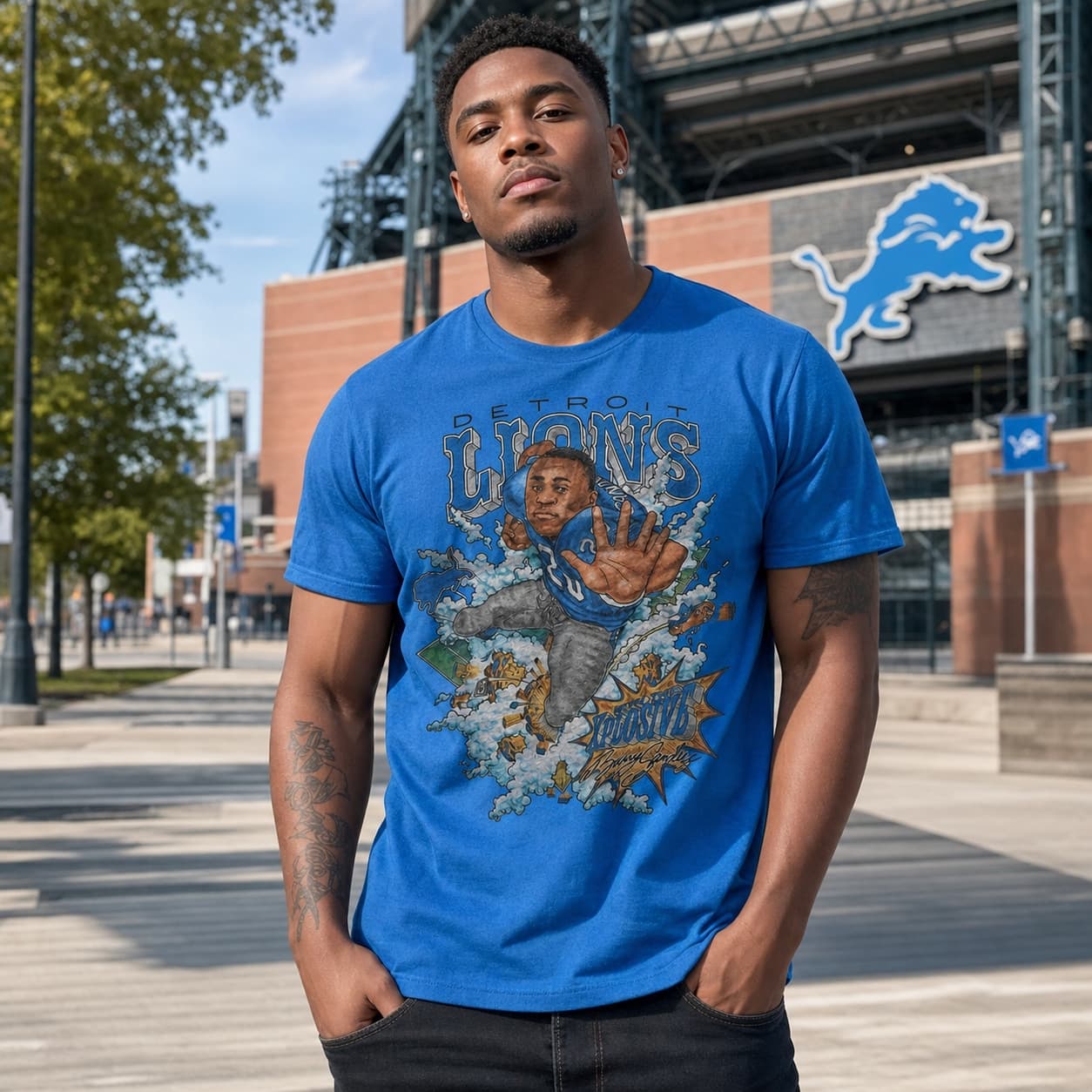 Detroit Lions Barry Sanders Retro Football 1991 Artwork Heather T-Shirt