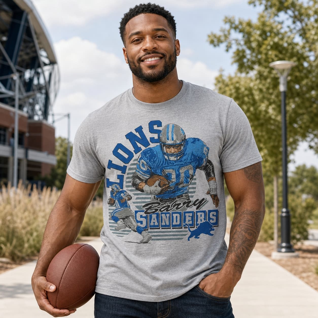 Detroit Lions Barry Sanders Retro Football 1995 Artwork Heather T-Shirt