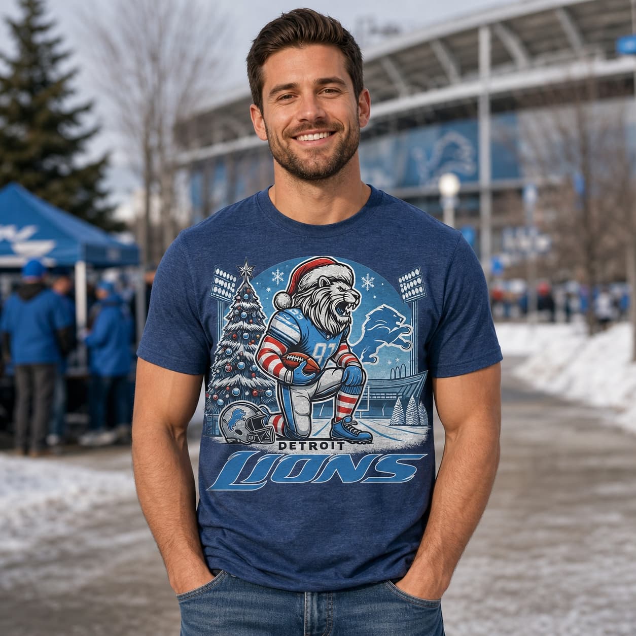 Detroit Lions Holiday Santa Exclusive Retro Football Artwork Shirt