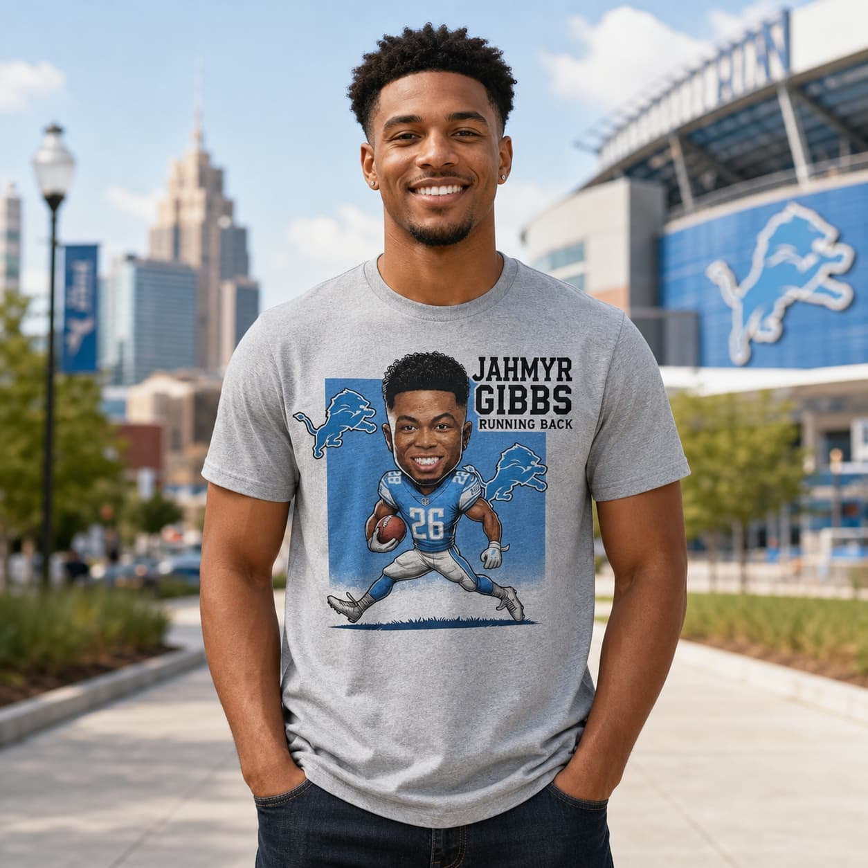 Detroit Lions Jahmyr Gibbs Exclusive Retro Football Artwork Shirt