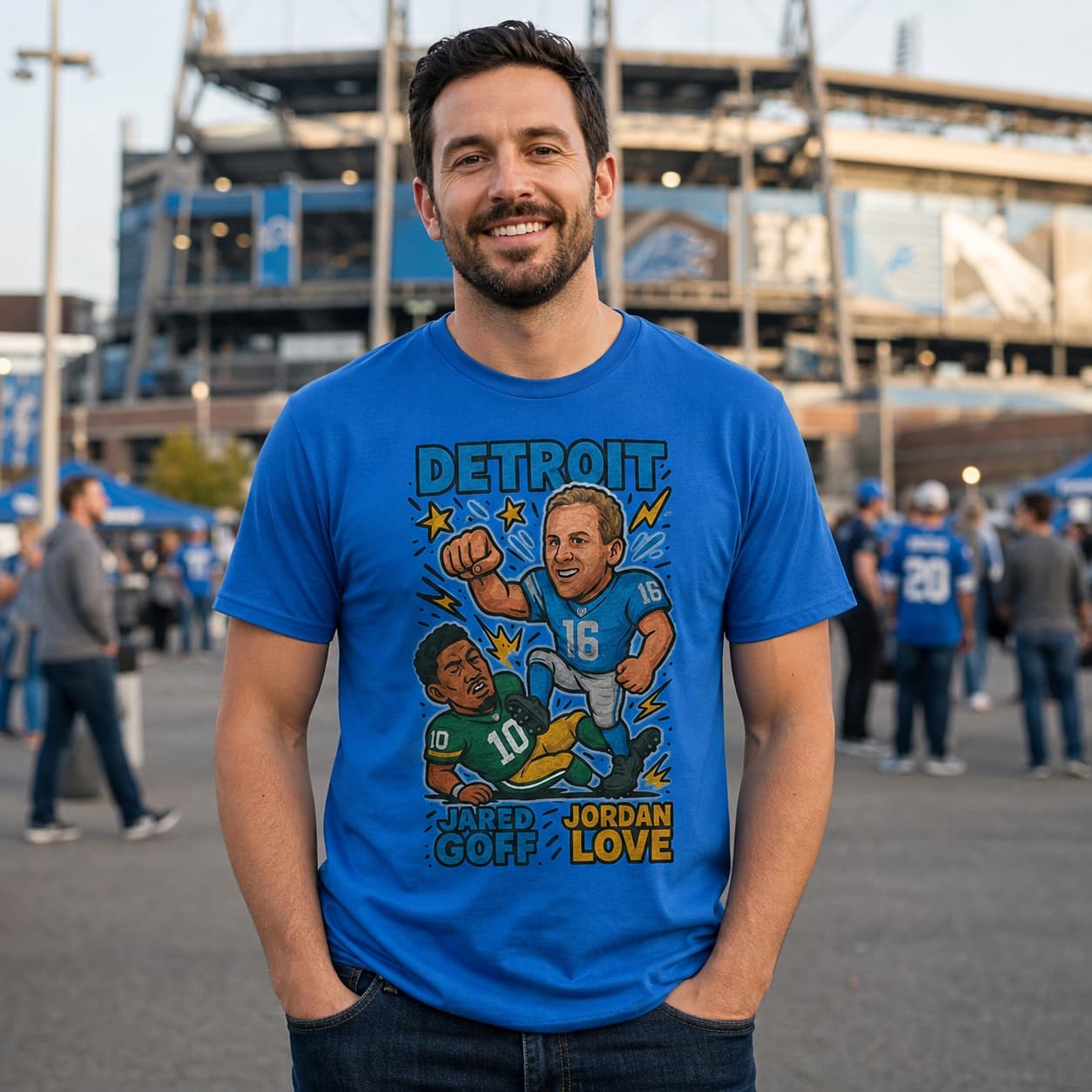 Detroit Lions Jared Goff vs. Green Bay Packers Jordan Love Exclusive Retro Rivals Football Artwork Shirt