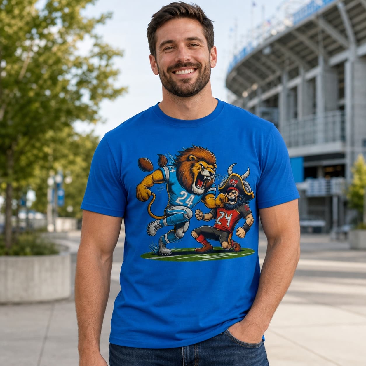 Detroit Lions vs. Tampa Bay Buccaneers Retro Rivalry Football Mascot Artwork Shirt