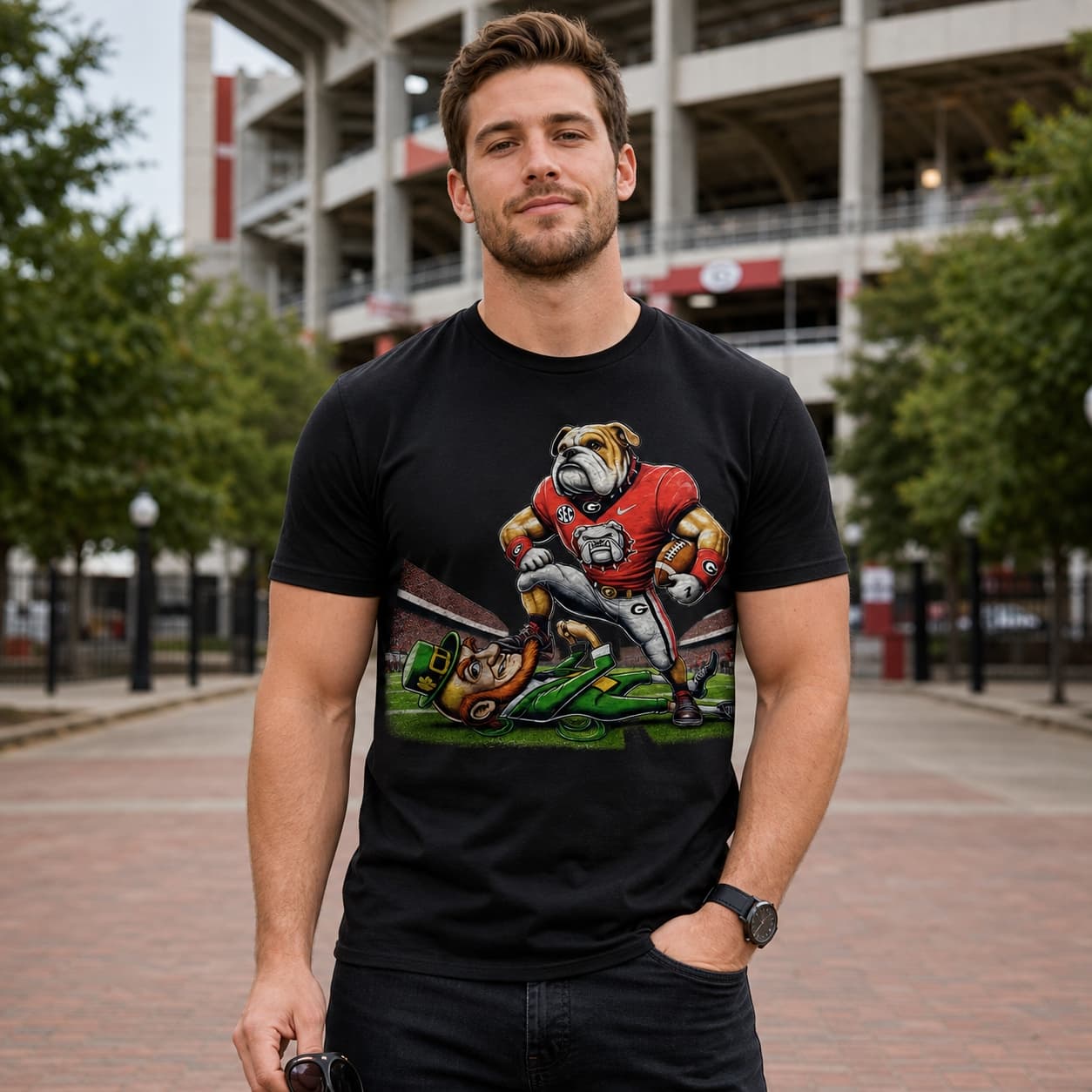 Georgia Bulldogs vs. Notre Dame Fighting Irish Exclusive Retro Rivalries Playoff Football Domination Artwork Shirt