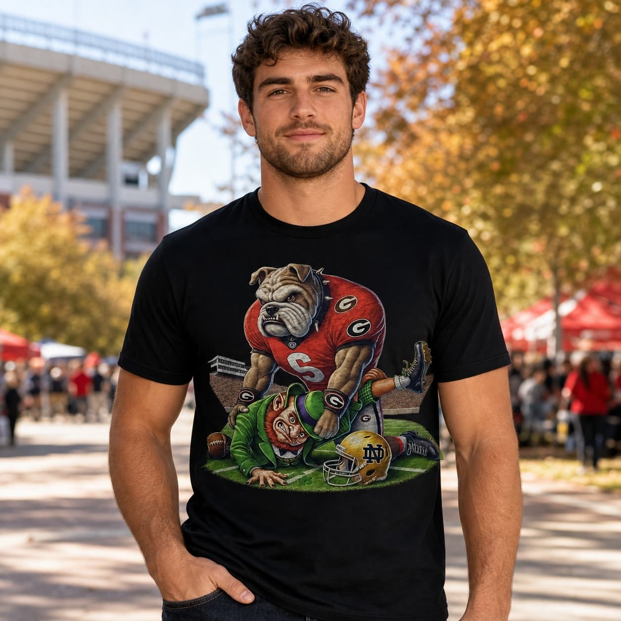 Georgia Bulldogs vs. Notre Dame Fighting Irish Exclusive Retro Rivalries Playoff Football Go Dawgs Artwork Shirt