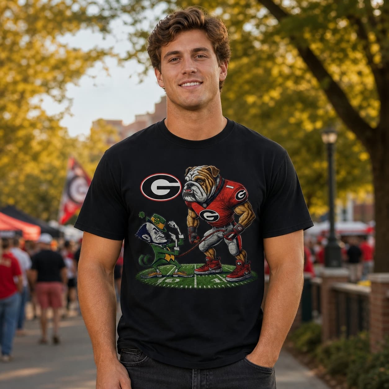 Georgia Bulldogs vs. Notre Dame Fighting Irish Exclusive Retro Rivalries Playoff Football Leash Artwork Shirt