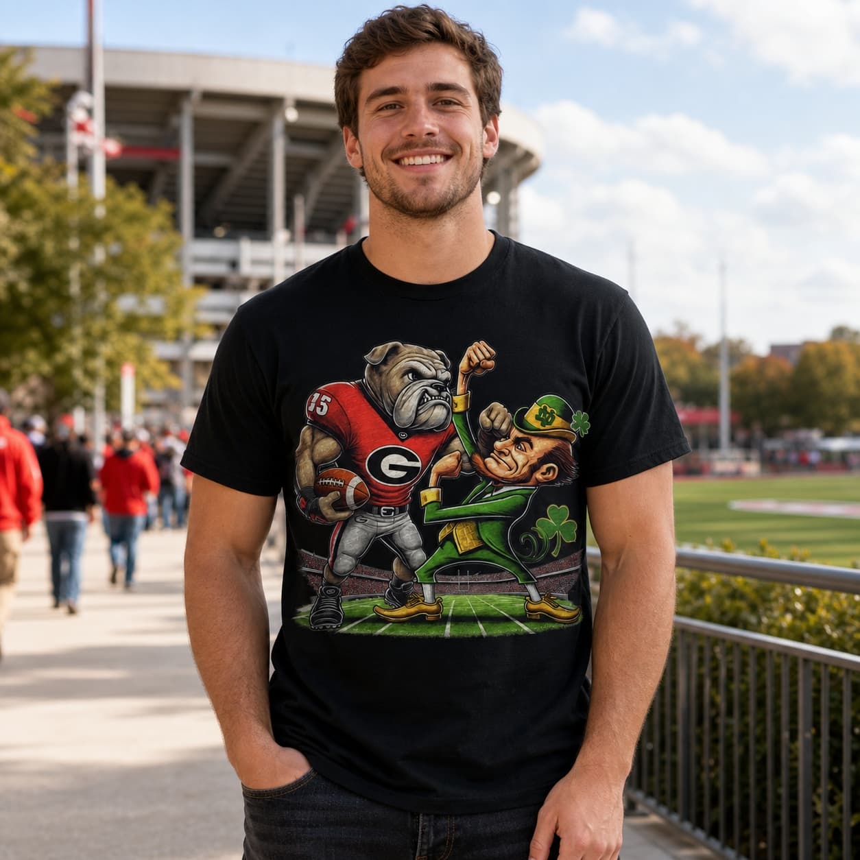 Georgia Bulldogs vs. Notre Dame Fighting Irish Exclusive Retro Rivalries Playoff Football Punch Artwork Shirt