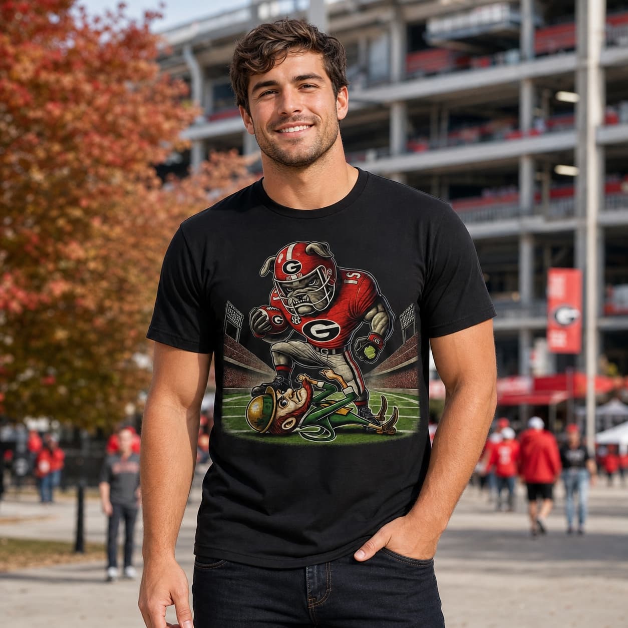 Georgia Bulldogs vs. Notre Dame Fighting Irish Exclusive Retro Rivalries Playoff Football Stadium Artwork Shirt