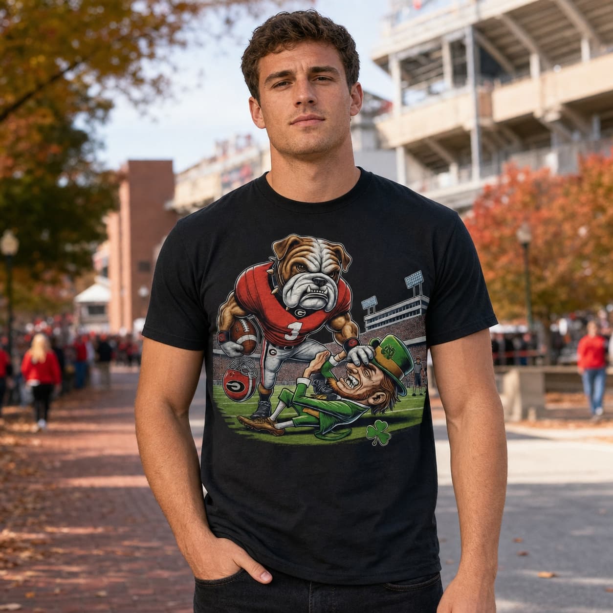 Georgia Bulldogs vs. Notre Dame Fighting Irish Exclusive Retro Rivalries Playoff Football Stiff Arm Artwork Shirt