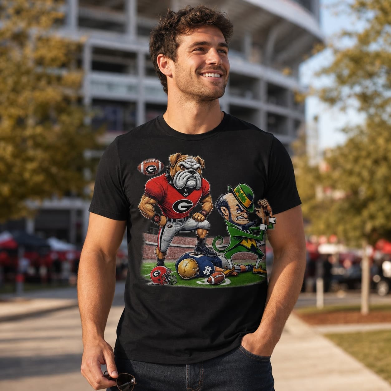 Georgia Bulldogs vs. Notre Dame Fighting Irish Exclusive Retro Rivalries Playoff Football UGA Artwork Shirt