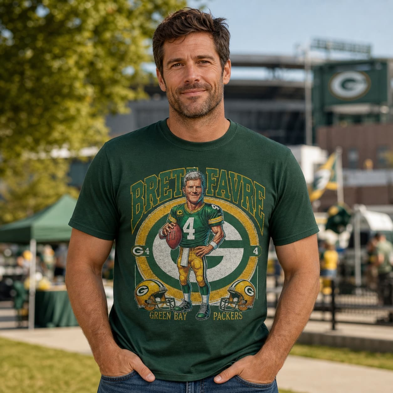 Green Bay Packers Brett Favre Exclusive Retro Football Artwork Heather T-Shirt