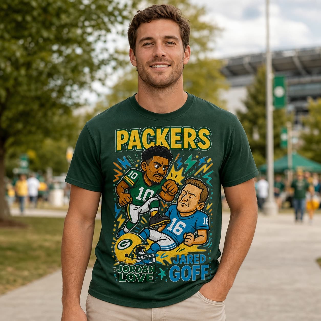 Green Bay Packers Jordan Love vs. Detroit Lions Jared Goff Exclusive Retro Rivals Football Artwork Shirt