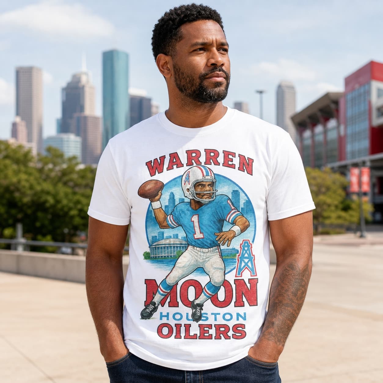 Houston Oilers Warren Moon Exclusive Retro Football City Artwork Shirt