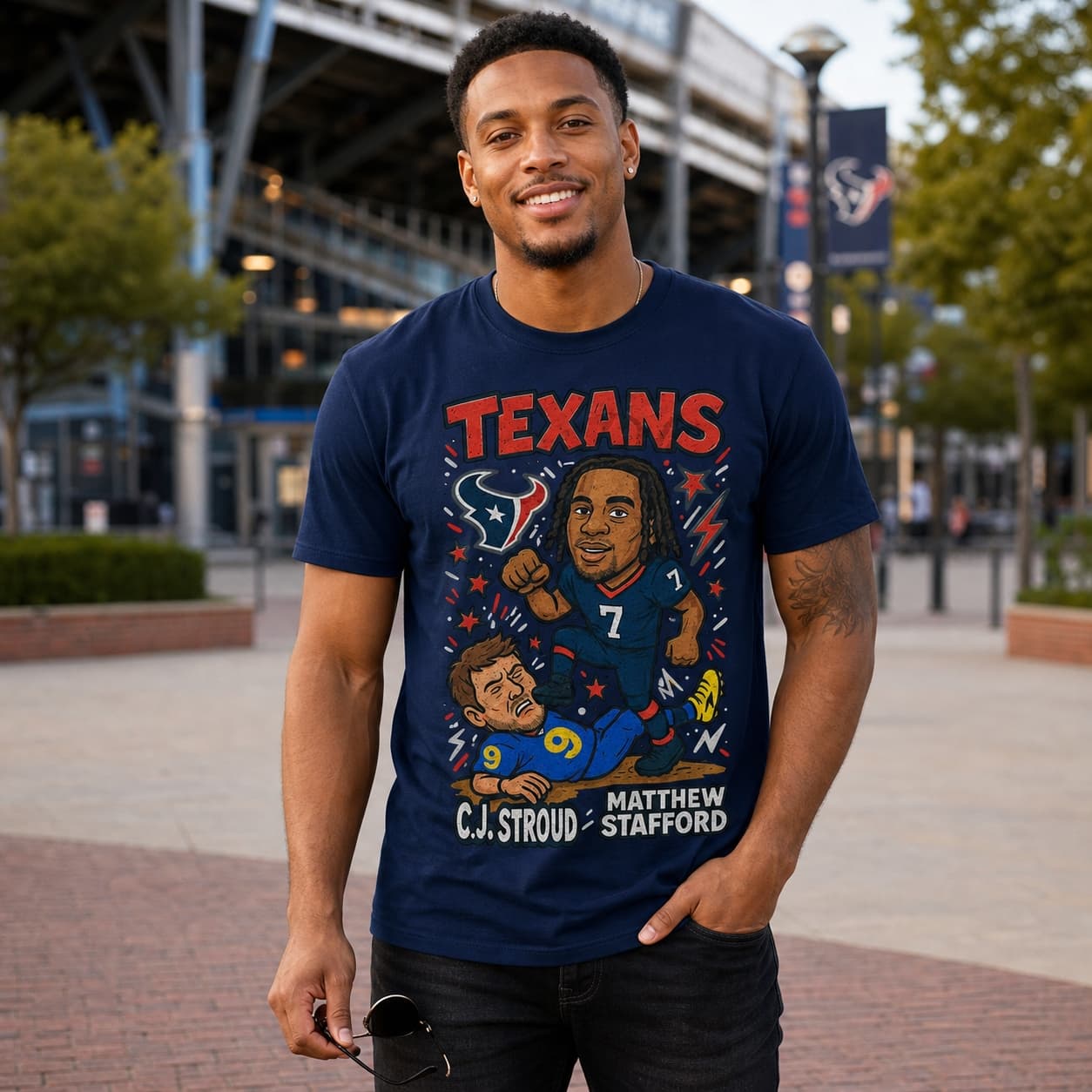 Houston Texans C.J. Stroud vs. Los Angeles Rams Matthew Stafford Exclusive Retro Rivals Football Artwork Shirt