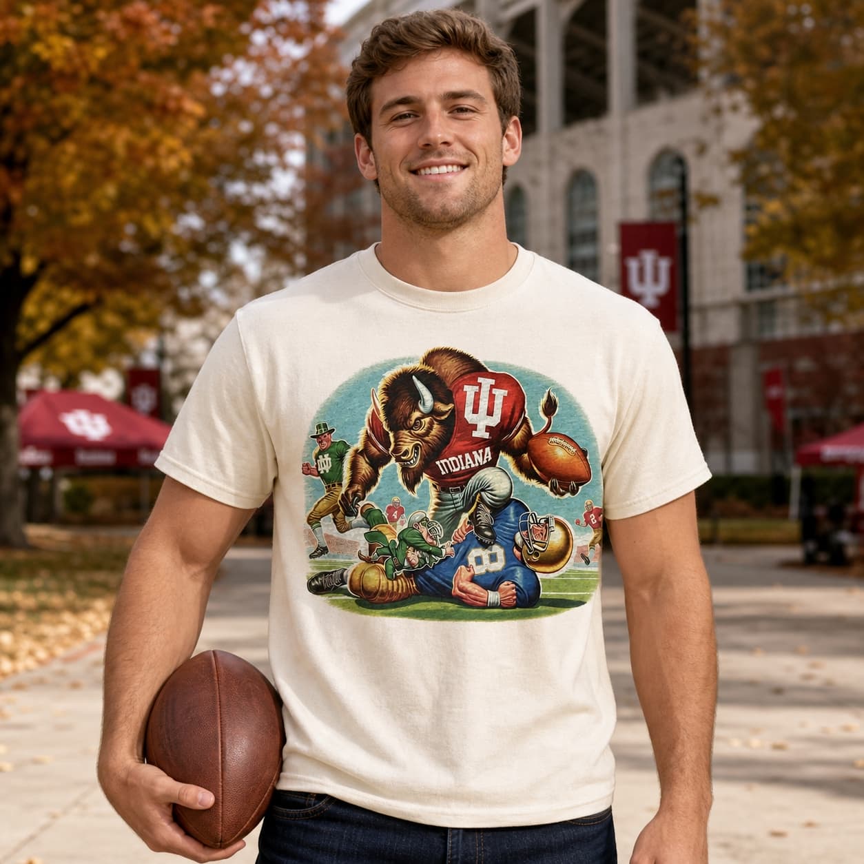 Indiana Hoosiers vs. Notre Dame Fighting Irish Exclusive Retro Rivalries Playoff Football Artwork Shirt