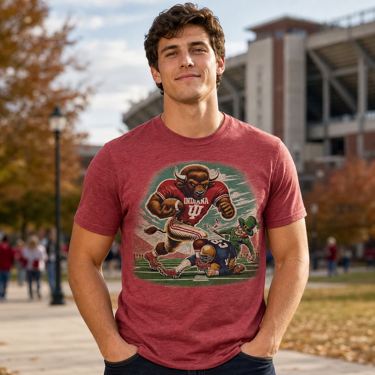 Indiana Hoosiers vs. Notre Dame Fighting Irish Exclusive Retro Rivalries Playoff Football Artwork Tee