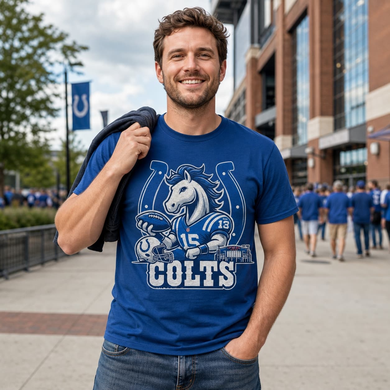 Indianapolis Colts Exclusive Retro Football Blue Mascot Artwork Shirt