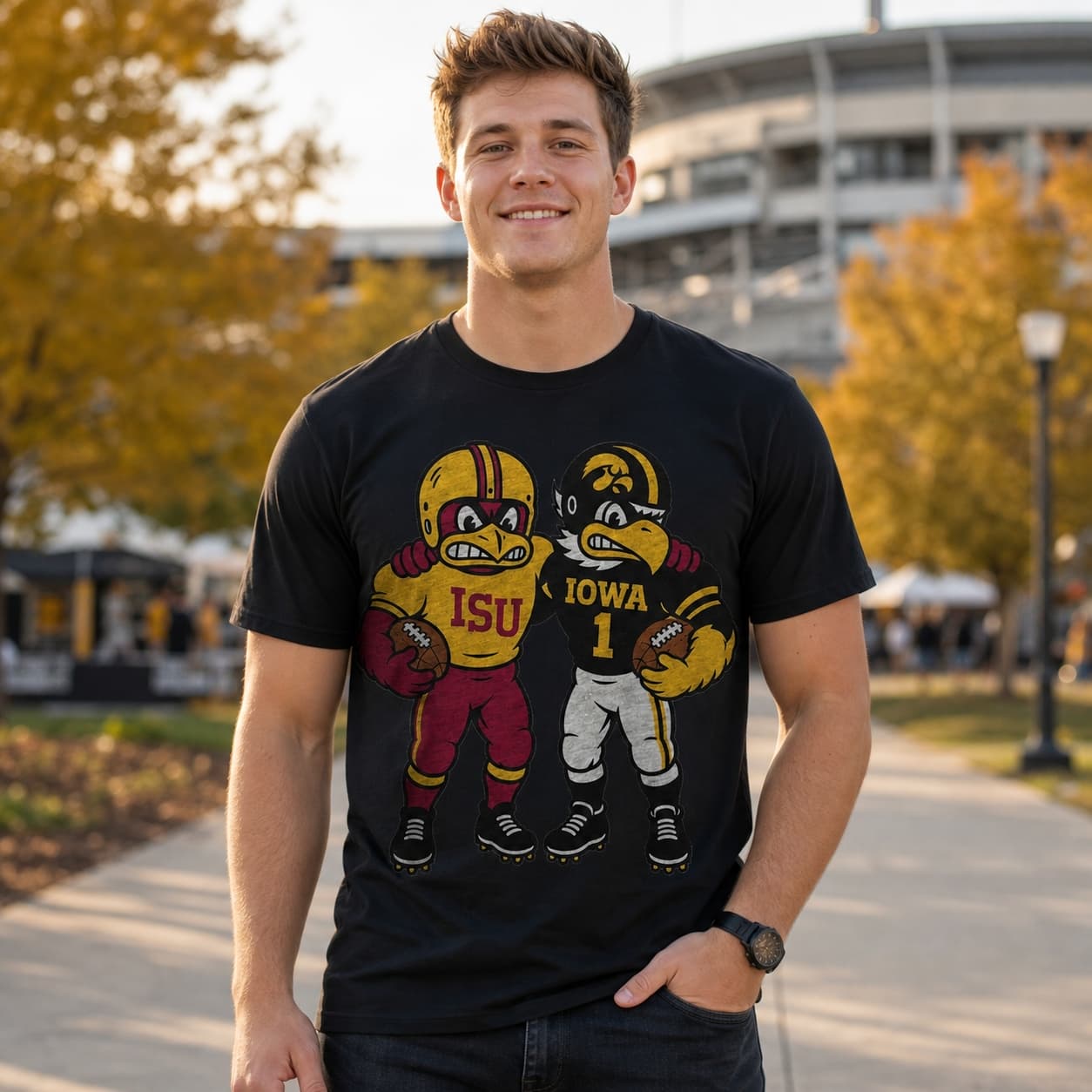 Iowa Hawkeyes Herky vs. Iowa State Cyclones Cy Retro Rivals Football T-Shirt