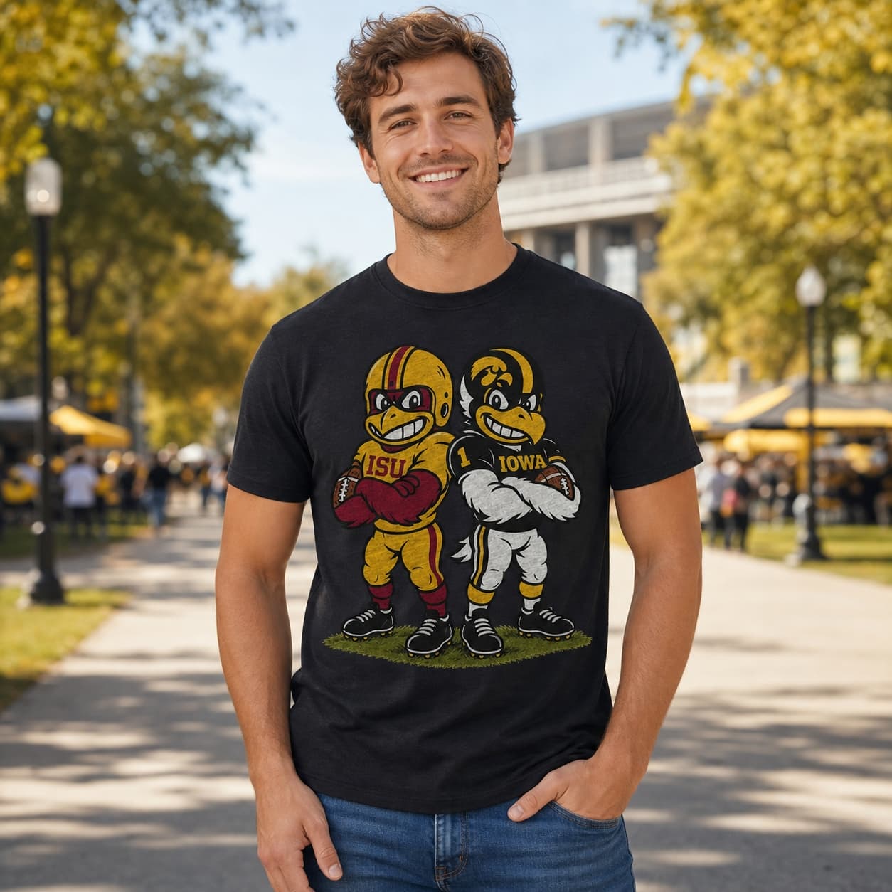 Iowa Hawkeyes Herky vs. Iowa State Cyclones Cy Rivals Football T-Shirt
