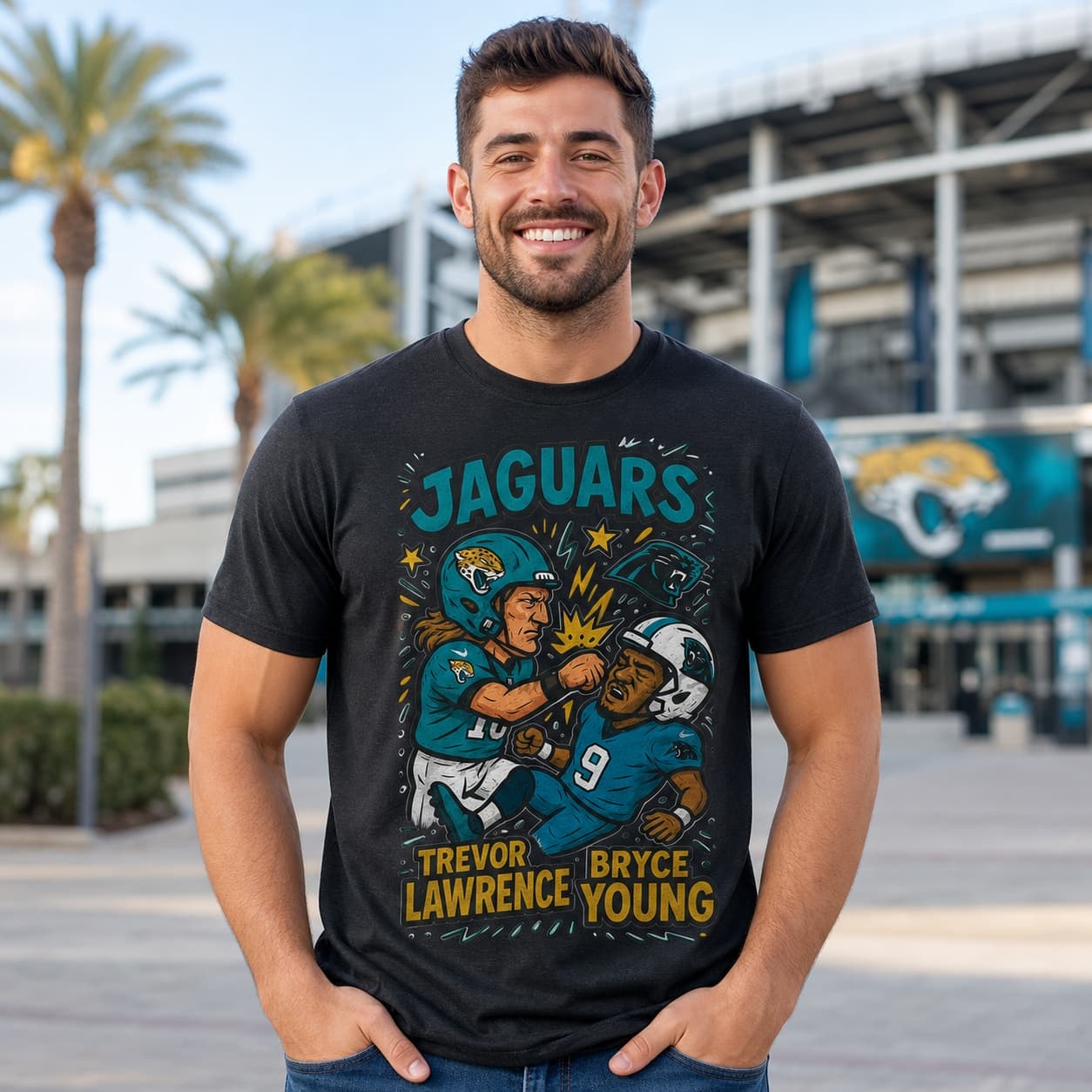 Jacksonville Jaguars Trevor Lawrence vs. Carolina Panthers Bryce Young Exclusive Retro Rivals Football Artwork Shirt