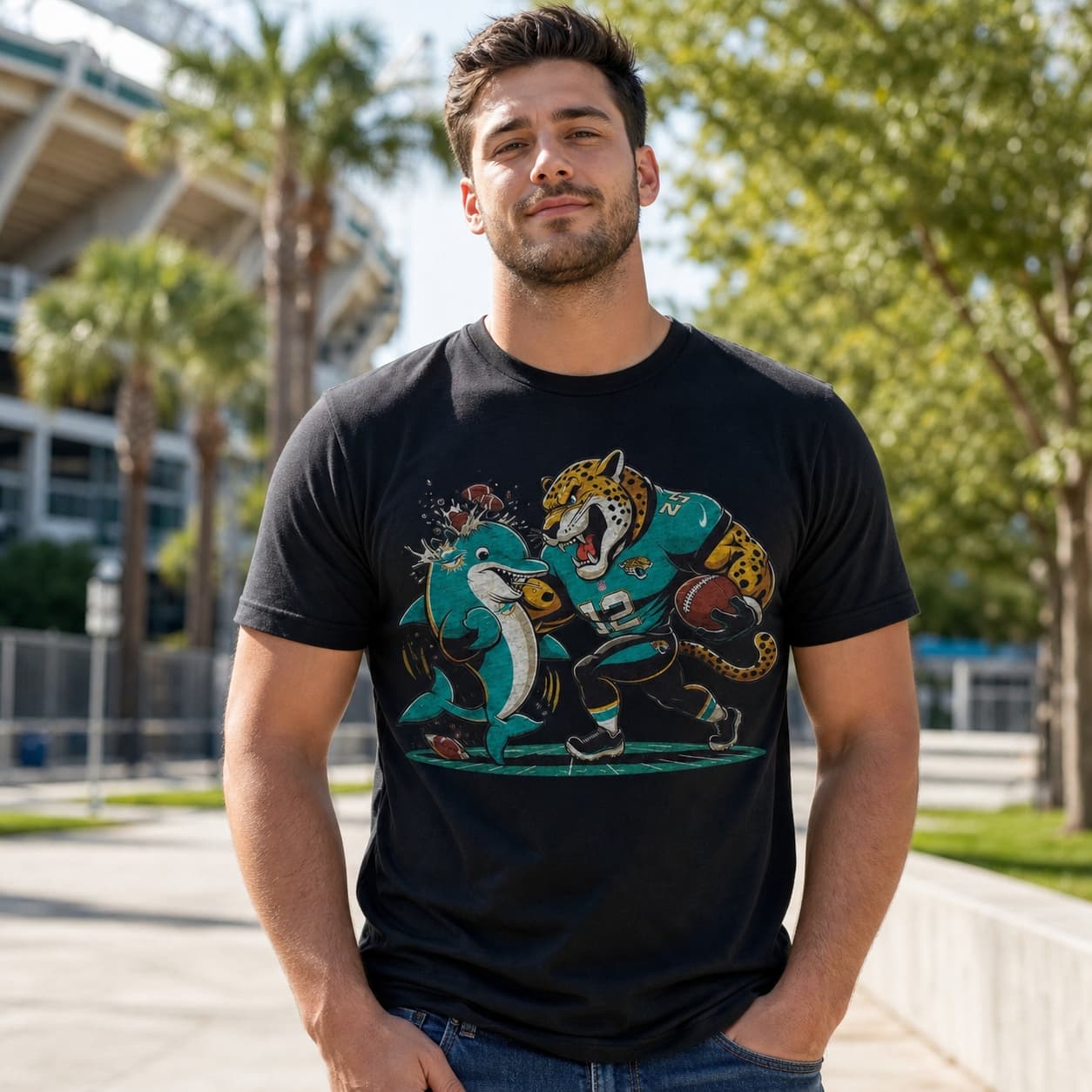 Jacksonville Jaguars vs. Miami Dolphins Retro Rivalry Jags Mascot Football Artwork Shirt