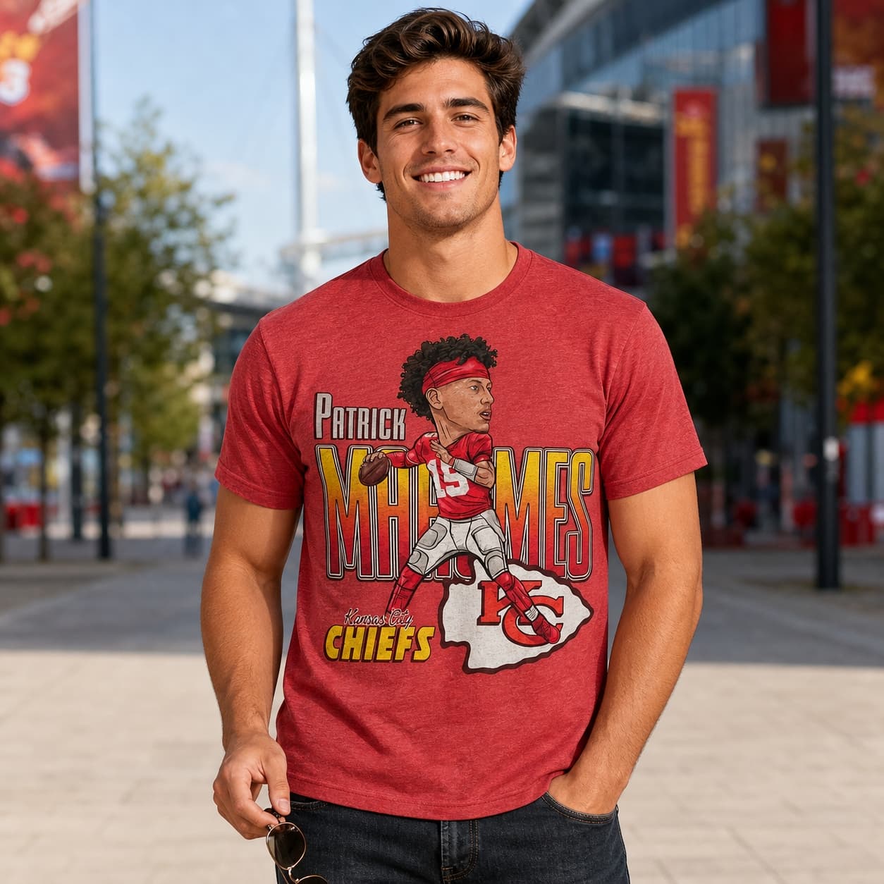 Kansas City Chiefs Retro Patrick Mahomes Football Artwork Heather T-Shirt