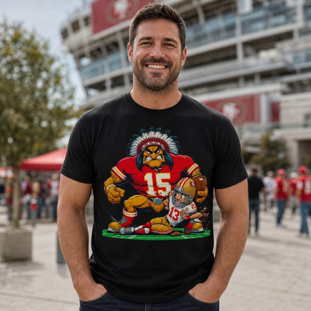 Kansas City Chiefs vs. San Francisco 49ers Retro Rivalry Football Mascot Artwork Heather T-Shirt