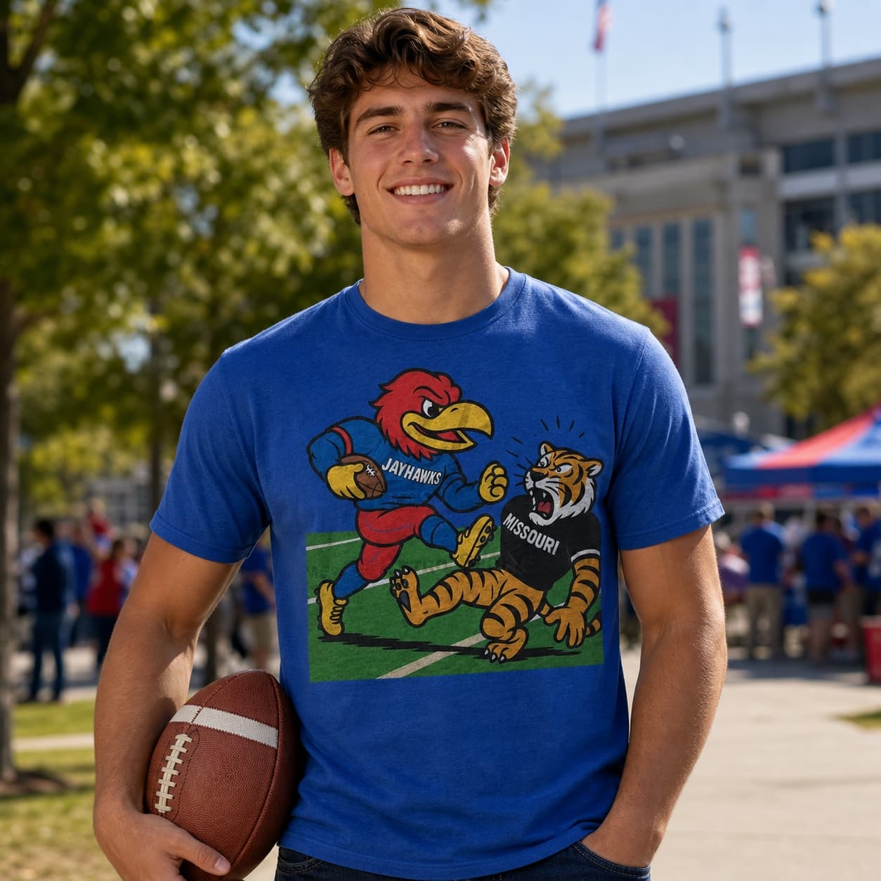 Kansas Jayhawks vs. Missouri Tigers Exclusive Retro Rivalries Football Artwork Shirt