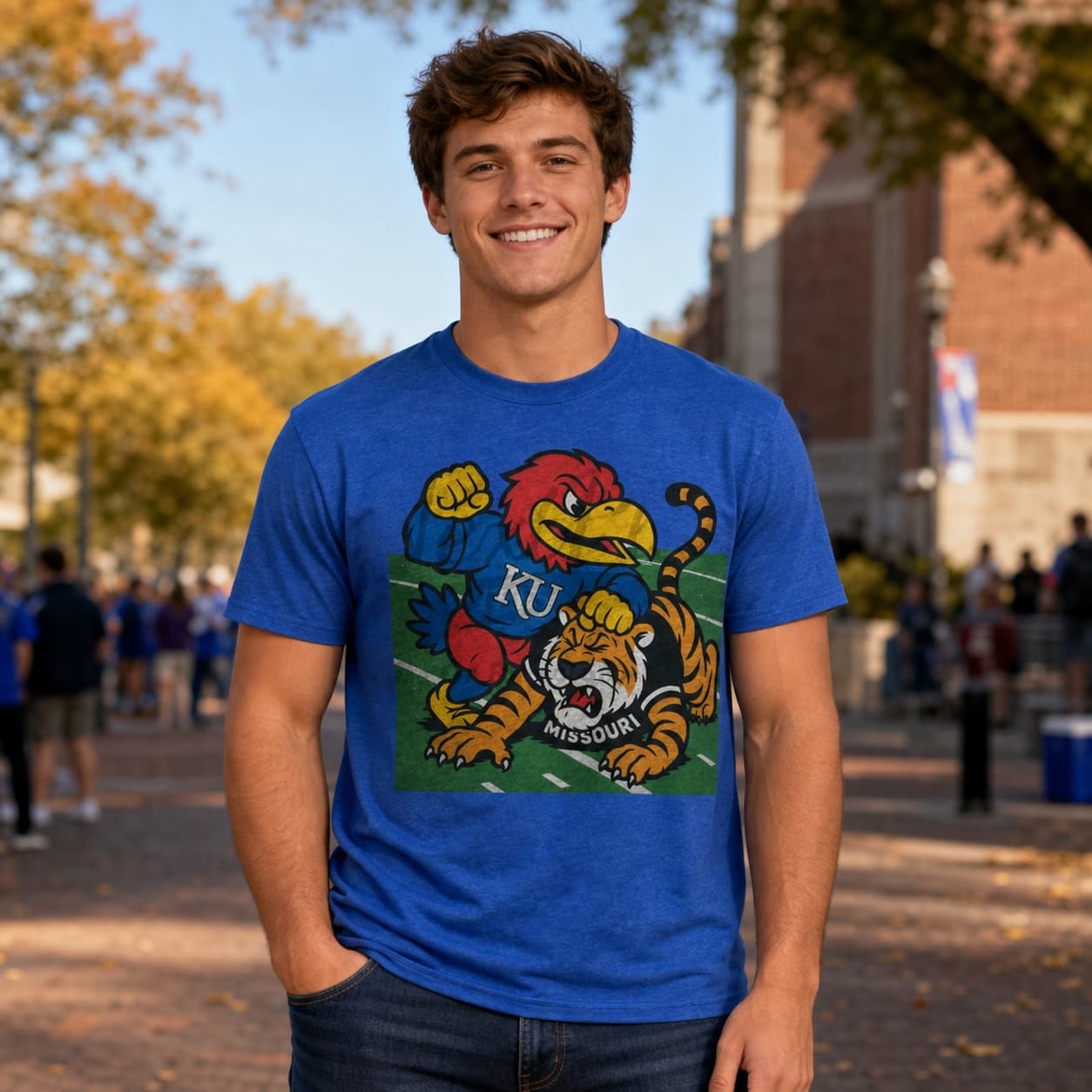 Kansas Jayhawks vs. Missouri Tigers Exclusive Retro Rivals Football Artwork Shirt