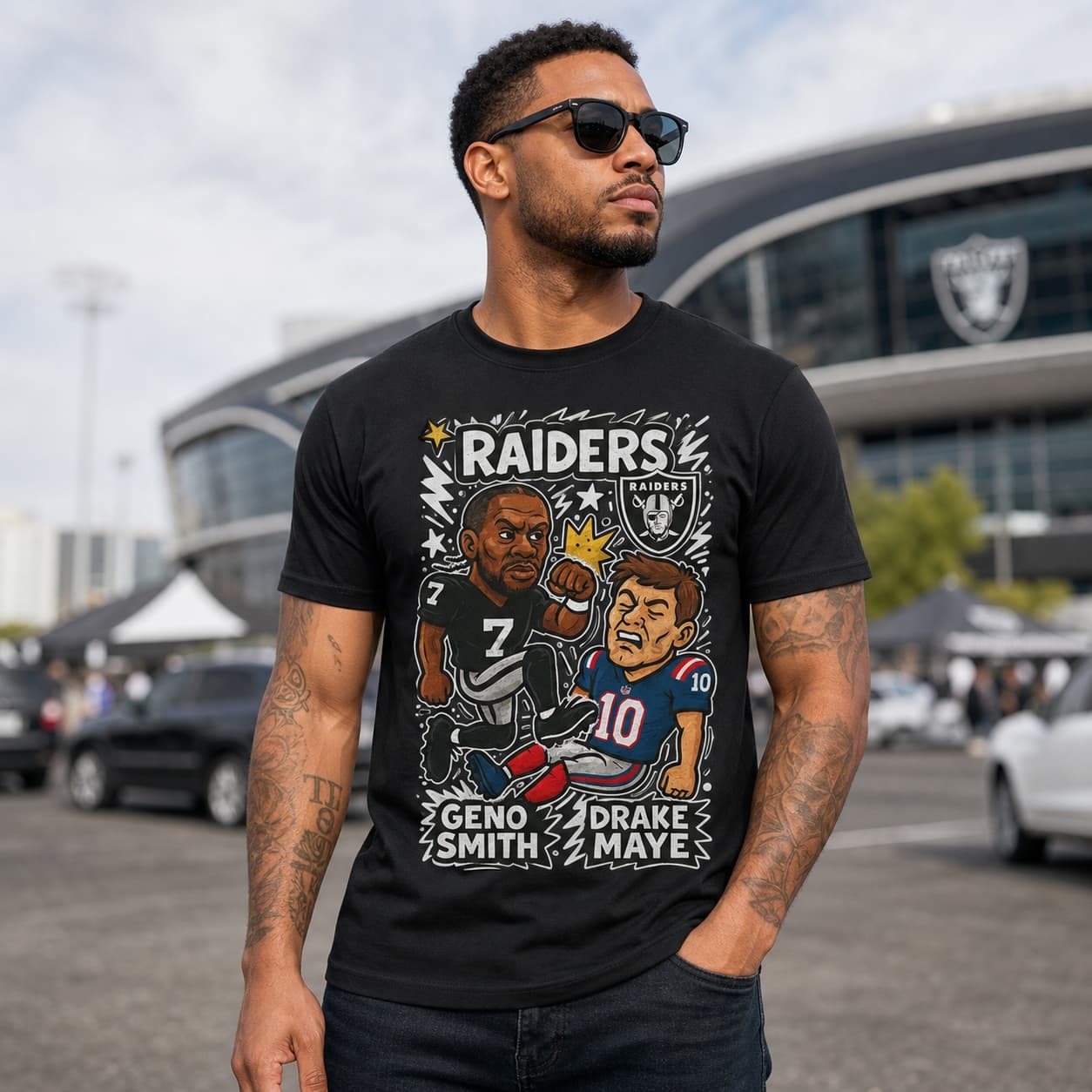 Las Vegas Raiders Geno Smith vs. New England Patriots Drake Maye Exclusive Retro Rivals Football Artwork Shirt