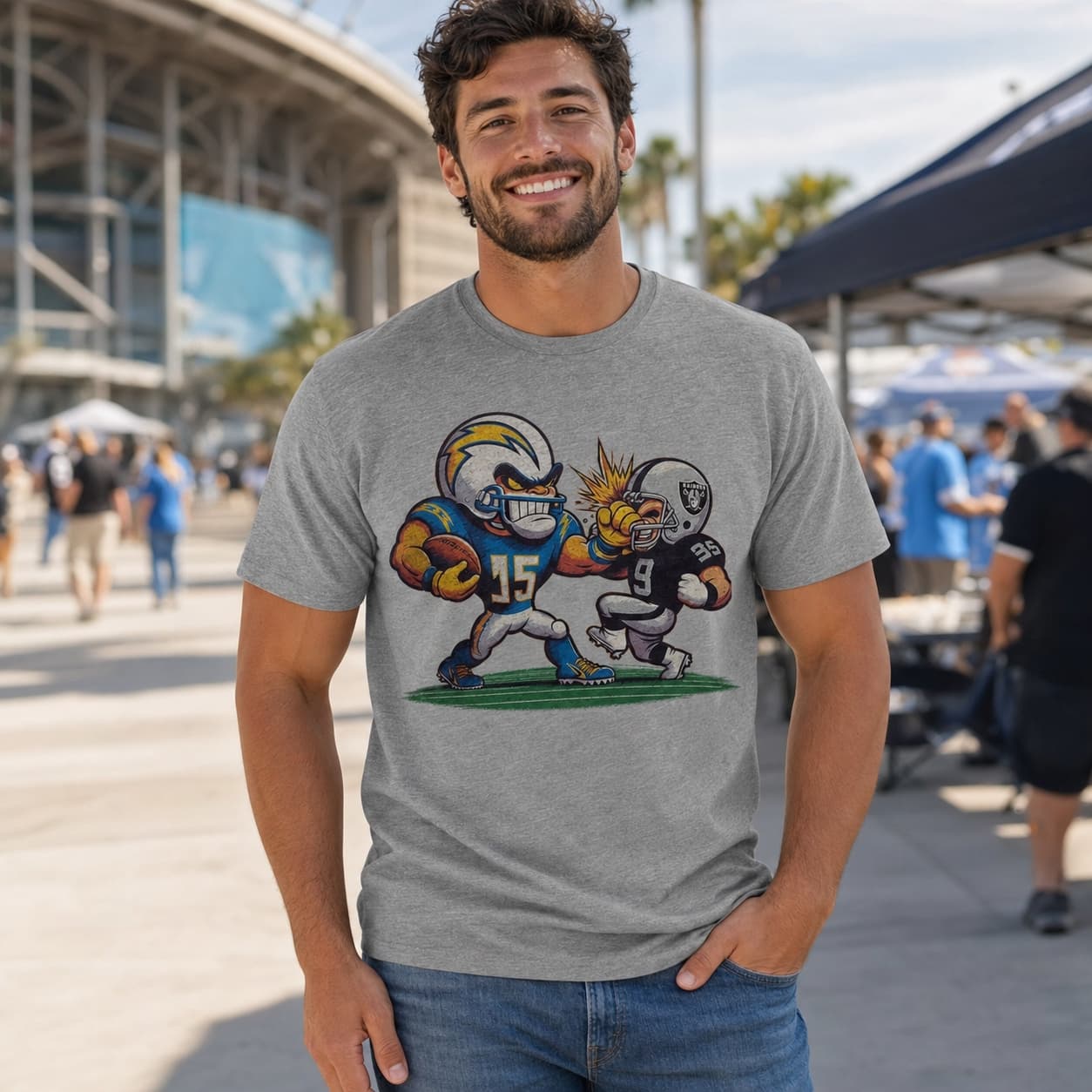 Los Angeles Chargers vs. Las Vegas Raiders Retro Rivalry Punching Football Artwork Shirt