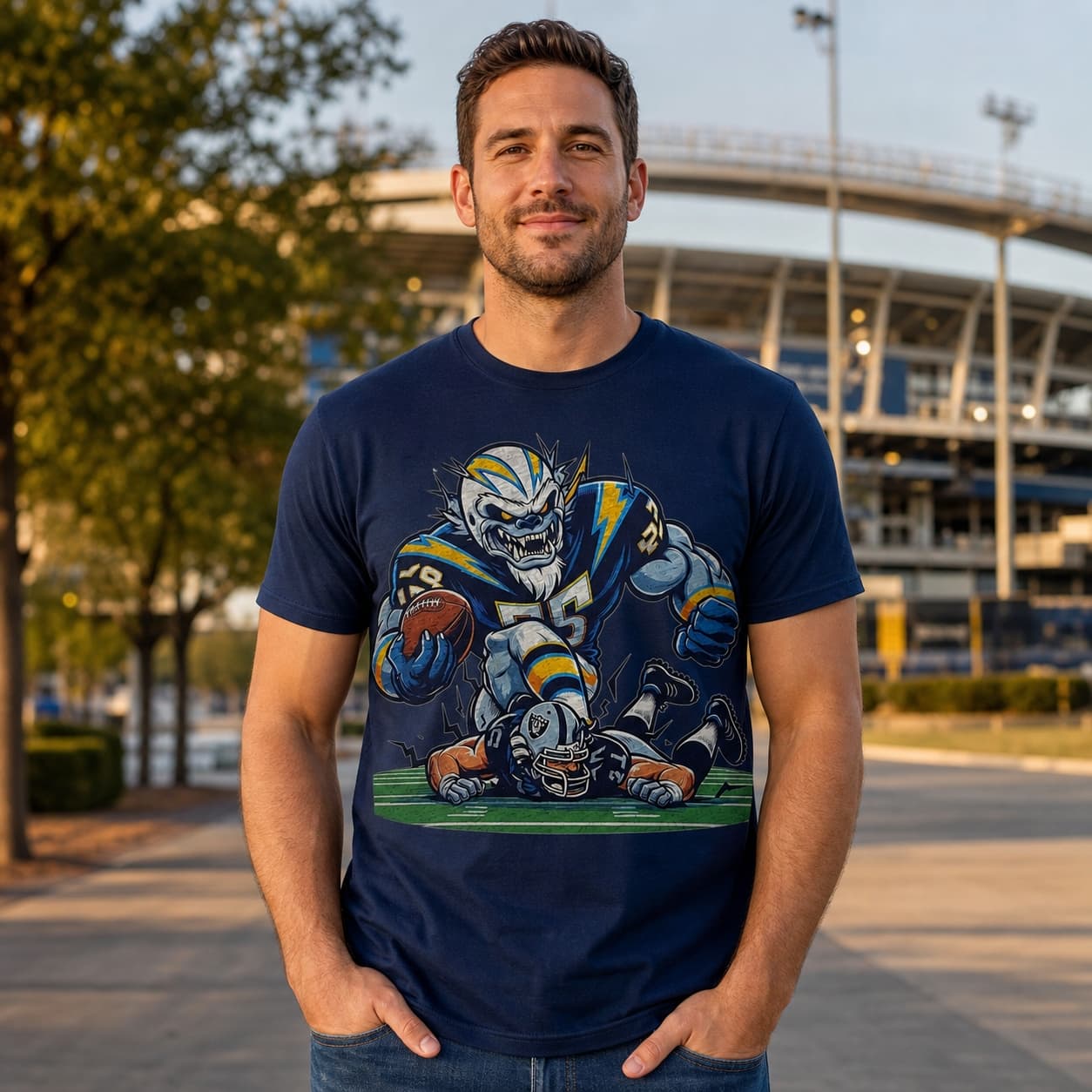 Los Angeles Chargers vs. Las Vegas Raiders Retro Rivalry Stomping Football Artwork Shirt