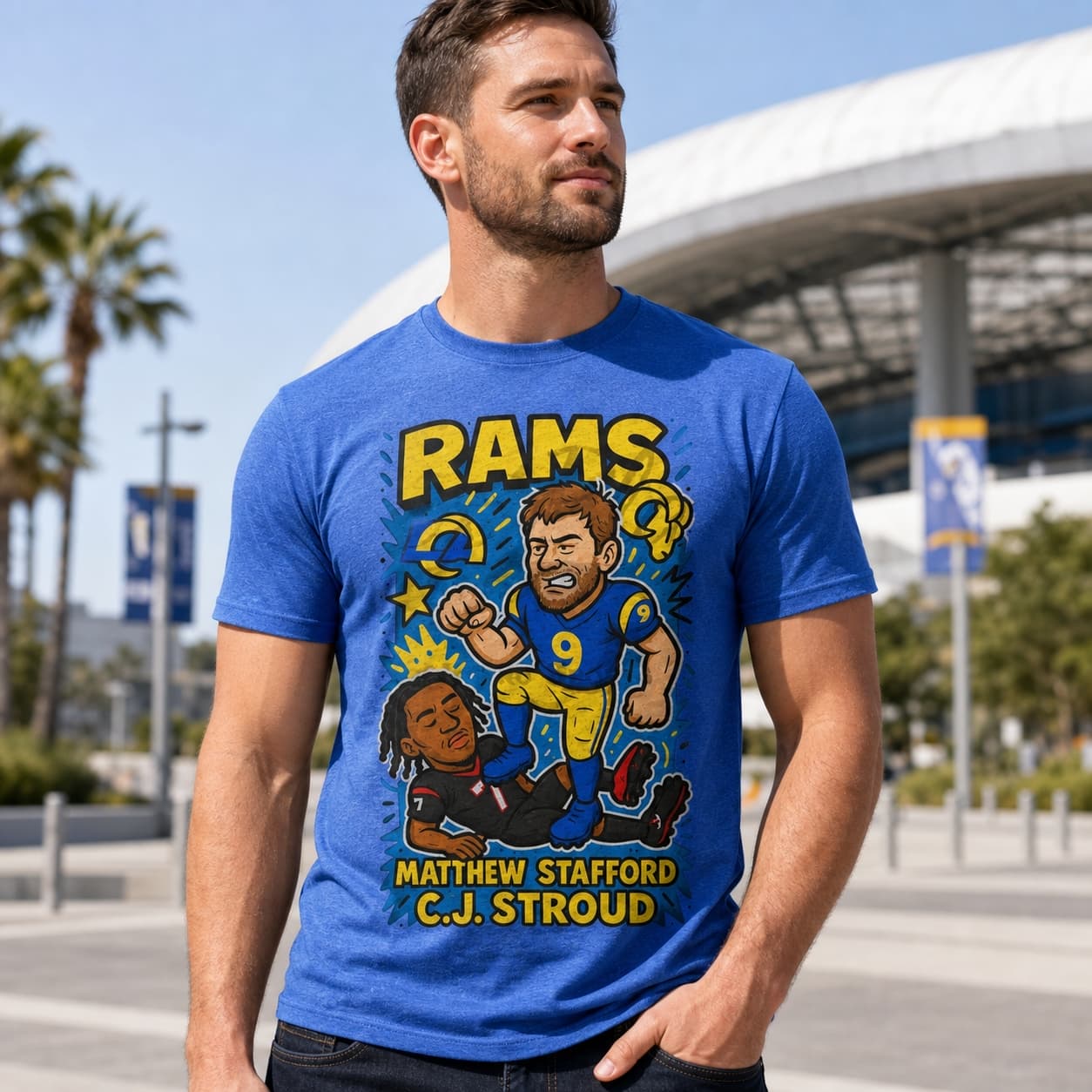 Los Angeles Rams Matthew Stafford vs. Houston Texans C.J. Stroud Exclusive Retro Rivals Football Artwork Shirt