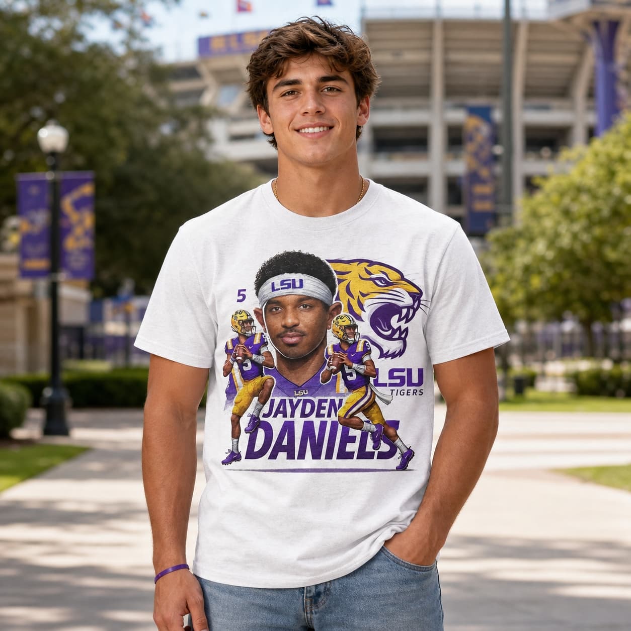 LSU Tigers Jayden Daniels Exclusive Retro Football Artwork Shirt