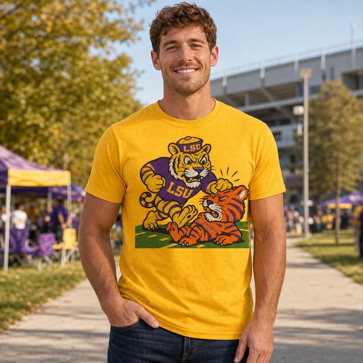 LSU Tigers vs. Clemson Tigers Exclusive Retro Rivals Football 1955 Artwork Shirt