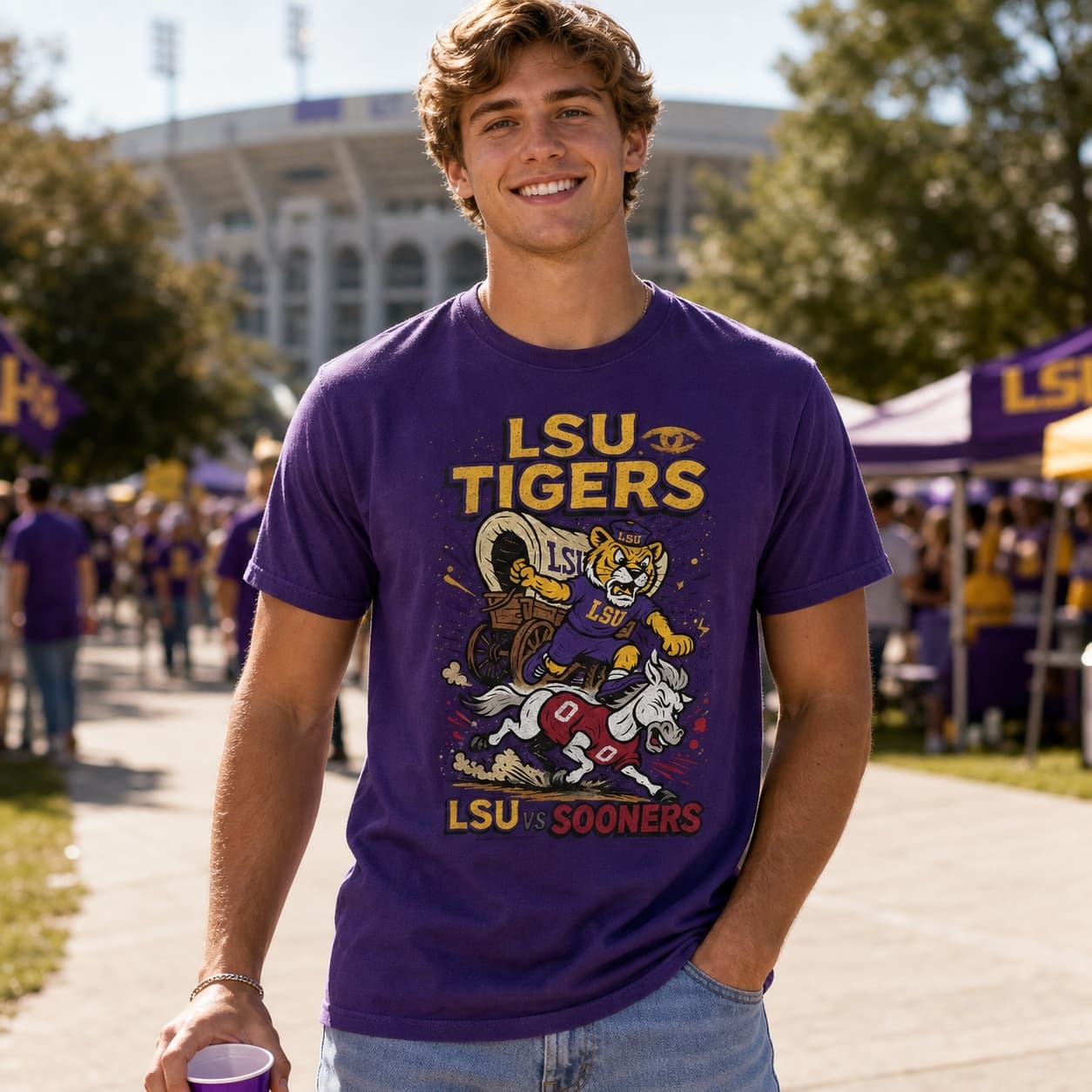 LSU Tigers vs. Oklahoma Sooners Exclusive Retro Rivals Football Artwork Shirt