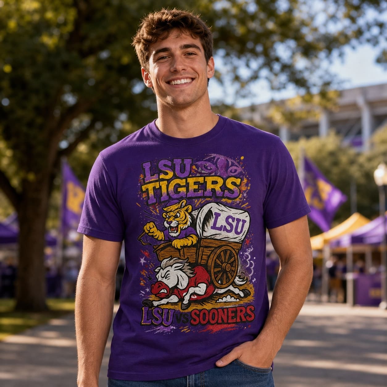 LSU Tigers vs. Oklahoma Sooners Retro Rivals Football Artwork Shirt