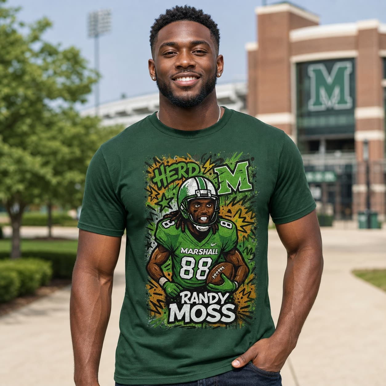 Marshall Thundering Herd Randy Moss Exclusive Caricature Football Artwork Shirt