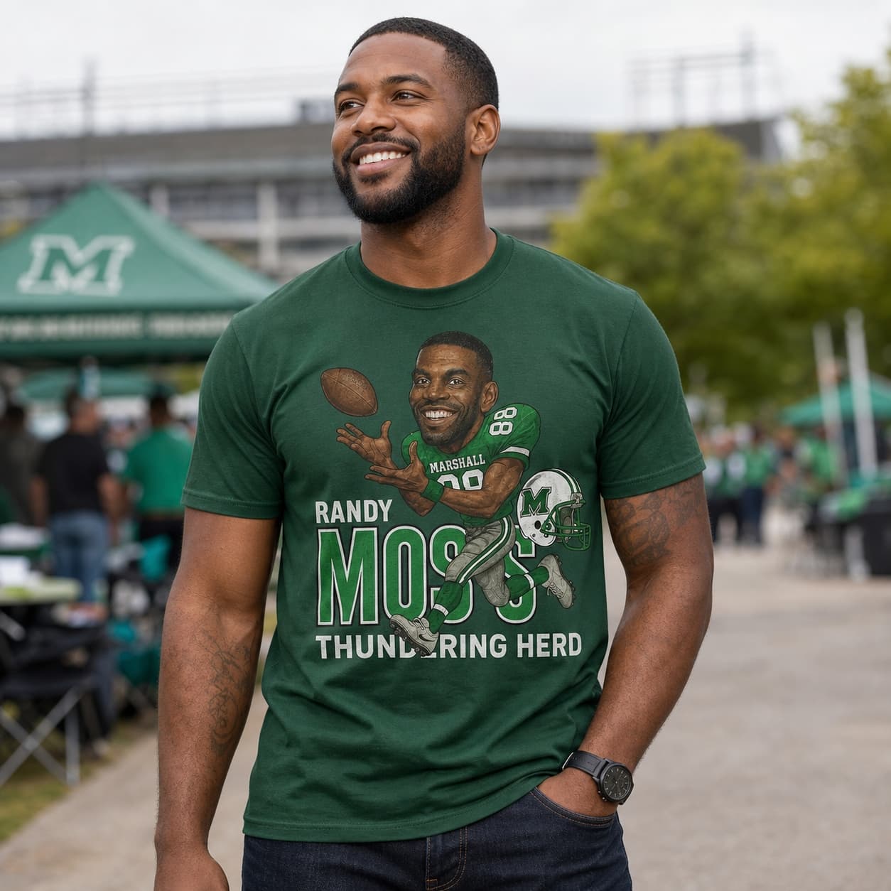 Marshall Thundering Herd Randy Moss Exclusive Retro Caricature Football 1997 Artwork Shirt